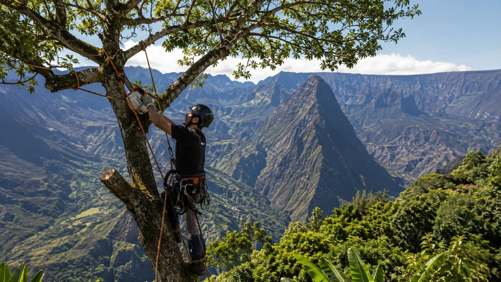 Élagueur professionnel intervenant dans les hauteurs de La Réunion